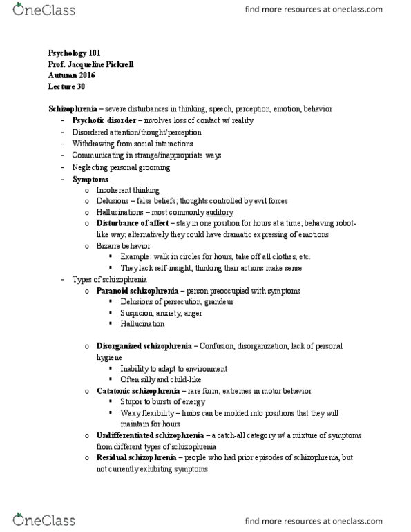 PSYCH 101 Lecture Notes - Lecture 30: Catatonia, Disorganized Schizophrenia, Paranoid Schizophrenia thumbnail