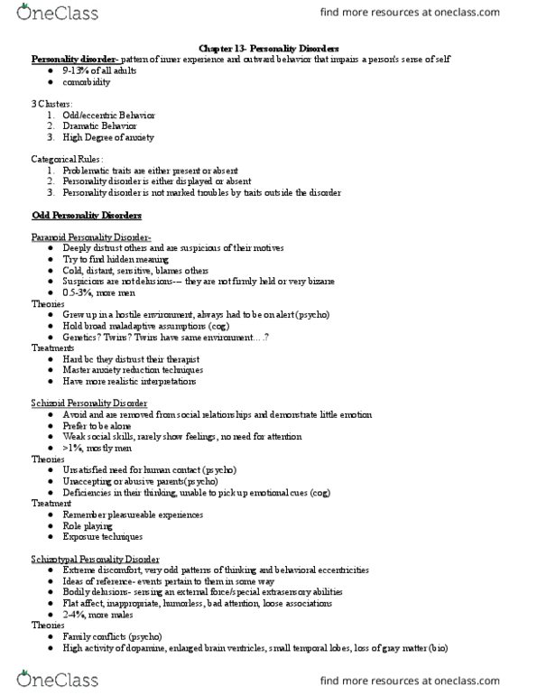 PSY 217 Lecture Notes - Lecture 13: Oppositional Defiant Disorder, Avoidant Personality Disorder, Histrionic Personality Disorder thumbnail