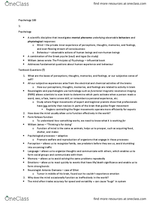 PSYC 100 Lecture Notes - Lecture 1: Functional Magnetic Resonance Imaging, Antonio Damasio, Lee Cronbach thumbnail