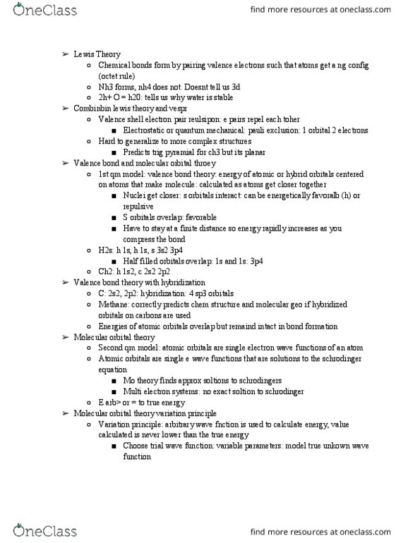 CHEM 1110 Lecture Notes - Lecture 1: Ansatz, Molecular Orbital Theory, Valence Bond Theory thumbnail