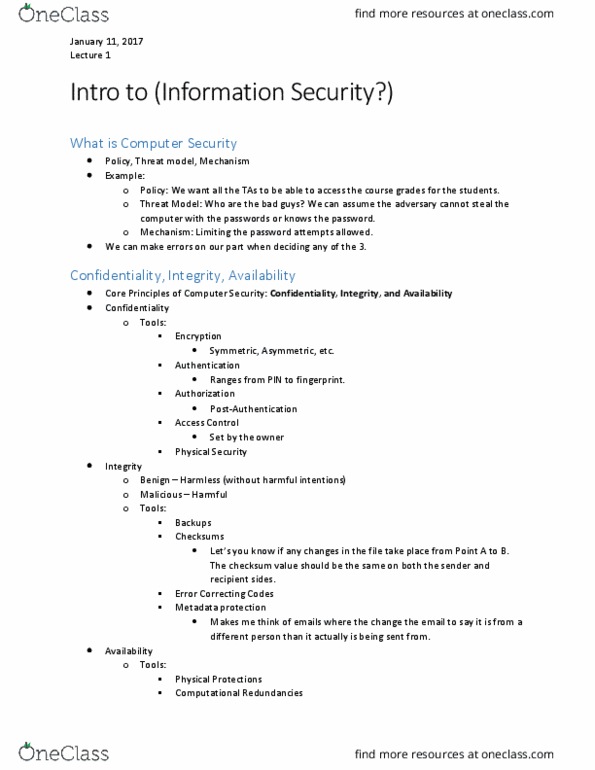 ITIS 3200 Lecture Notes - Lecture 1: Threat Model, Checksum, Physical Security thumbnail