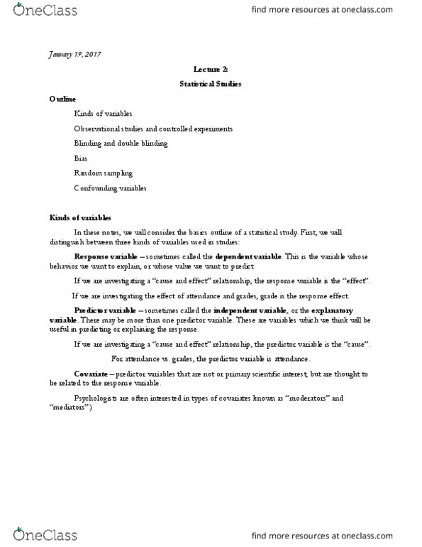 STAT 311 Lecture Notes - Lecture 3: Bran, Scientific Control, Observational Study thumbnail