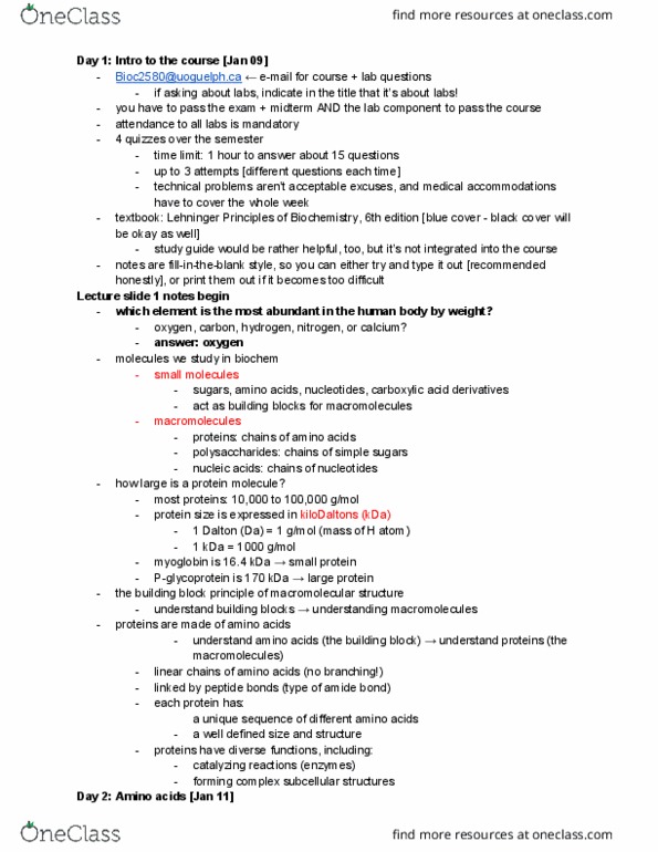 BIOC 2580 Lecture Notes - Lecture 2: Amine, Hydrogen Bond, Myoglobin thumbnail