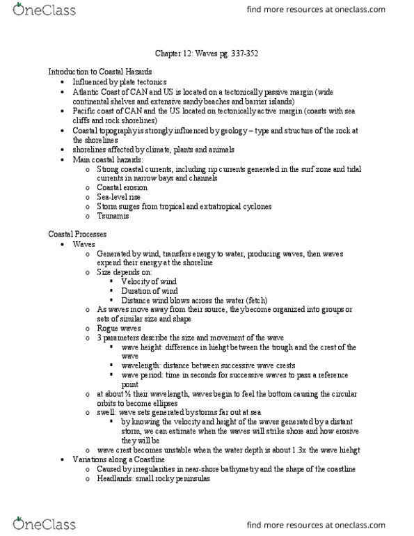 GG231 Chapter Notes - Chapter 12: Coastal Erosion, Coastal Hazards, Surf Zone thumbnail