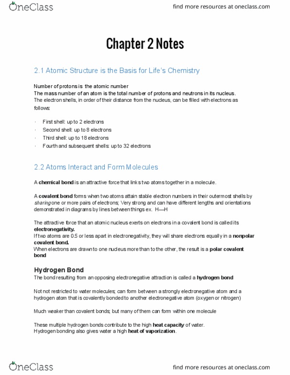 BSC 2010 Chapter Notes - Chapter 2: Chemical Polarity, Atomic Nucleus, Chemical Bond thumbnail