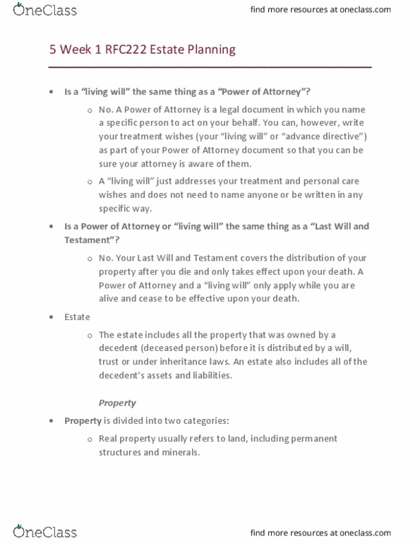 Business Administration - Financial Planning RFC222 Lecture Notes - Lecture 1: Personal Property, Testator, Fiduciary thumbnail