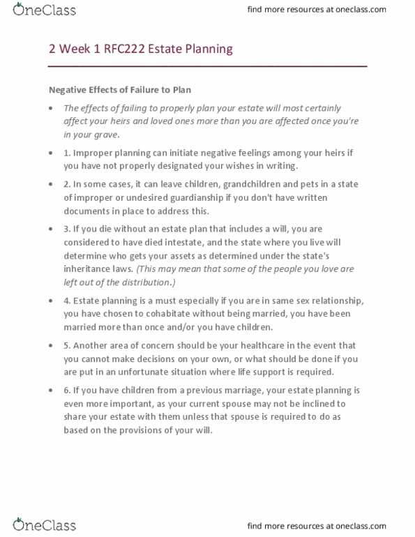 Business Administration - Financial Planning RFC222 Lecture Notes - Lecture 1: Estate Planning, Intestacy thumbnail