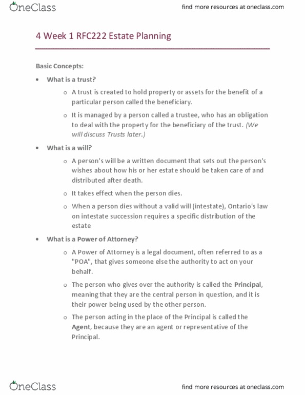 Business Administration - Financial Planning RFC222 Lecture Notes - Lecture 1: Intestacy, Advance Healthcare Directive thumbnail