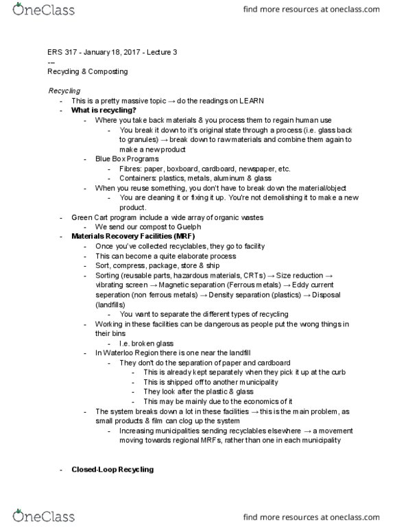 ERS317 Lecture Notes - Lecture 3: Glass Recycling, Plastic Bottle, Downcycling thumbnail