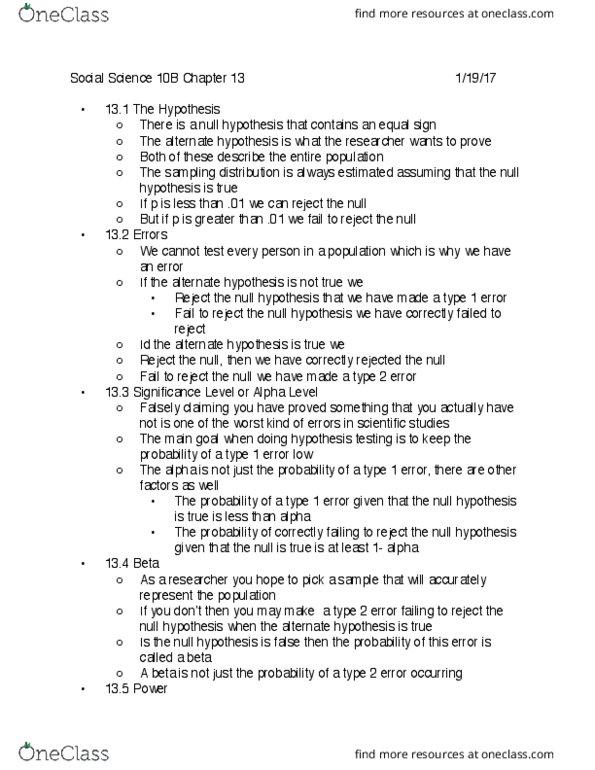 SOC SCI 10B Chapter Notes - Chapter 13: Null Hypothesis, Technology In Revelation Space, Statistical Hypothesis Testing thumbnail