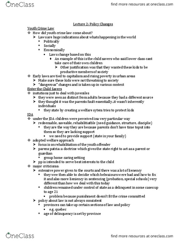 Sociology 2267A/B Lecture Notes - Lecture 3: Young Offenders Act, Truancy, Youth Criminal Justice Act thumbnail