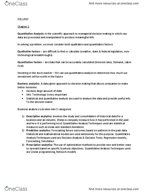 ITIS 1P97 Lecture Notes - Lecture 1: Business Analytics, Mathematical Optimization, Predictive Analytics thumbnail