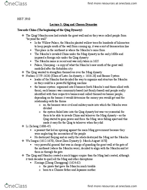 HIST 2910 Lecture Notes - Lecture 3: Ming Dynasty, Joseon, Koxinga thumbnail