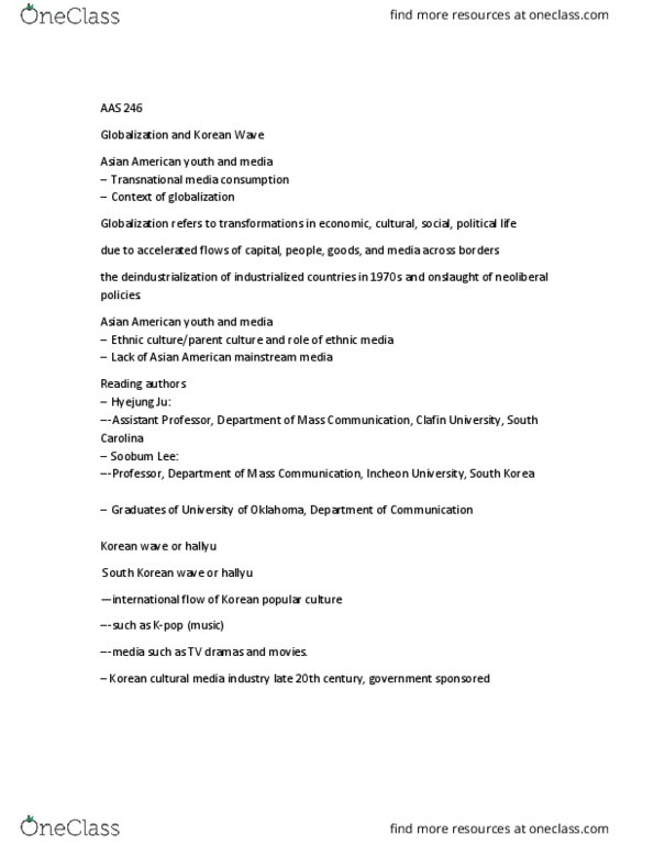 AAS 246 Lecture Notes - Lecture 14: Korean Wave, Demography Of The United States, Media Consumption thumbnail