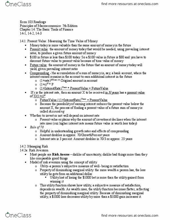 ECON 103 Chapter Notes - Chapter 14.1 - 14.2: Interest Rate, Adverse Selection, Risk Aversion thumbnail