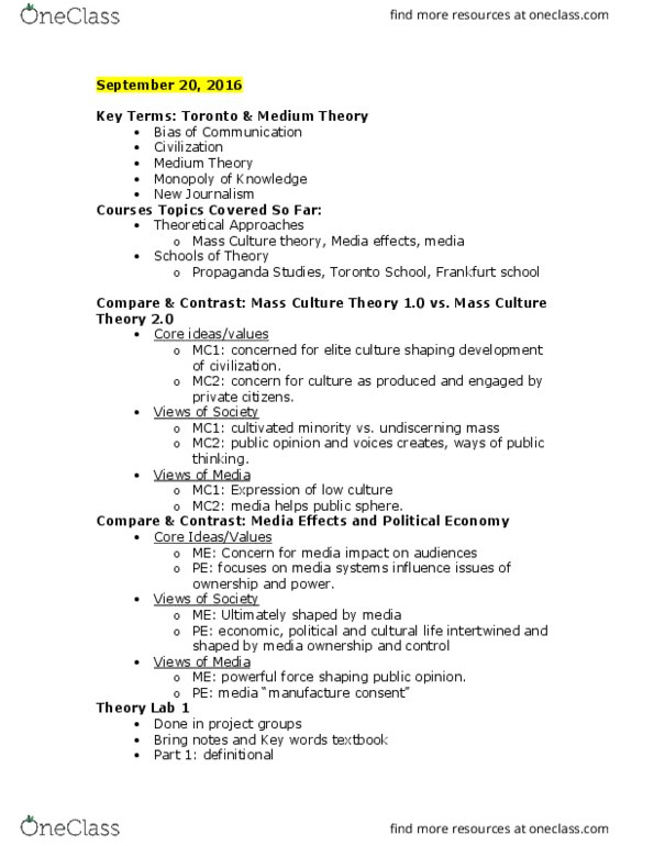 COMM 350 Lecture Notes - Lecture 7: Eric A. Havelock, Culture Theory, Frankfurt School thumbnail