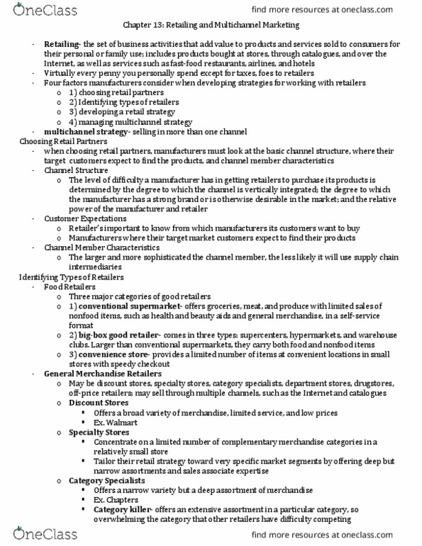 Management and Organizational Studies 2320A/B Lecture Notes - Lecture 13: Multichannel Marketing, Convenience Store, Internet Channel thumbnail