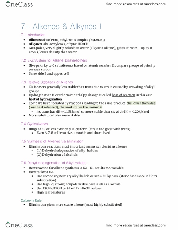 CHEM 222 Chapter Notes - Chapter 7: Steric Effects, Dehydrohalogenation, Alkene thumbnail