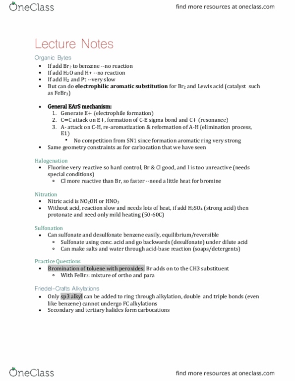 CHEM 222 Lecture Notes - Lecture 15: Electrophilic Aromatic Substitution, Acyl Chloride, Sulfonate thumbnail