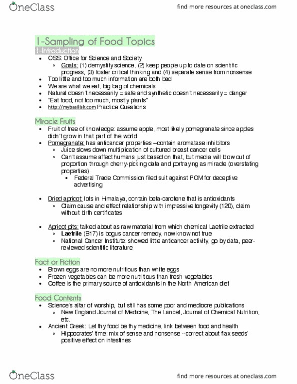 CHEM 181 Lecture Notes - Lecture 1: National Cancer Institute, Amygdalin, Dietary Fiber thumbnail