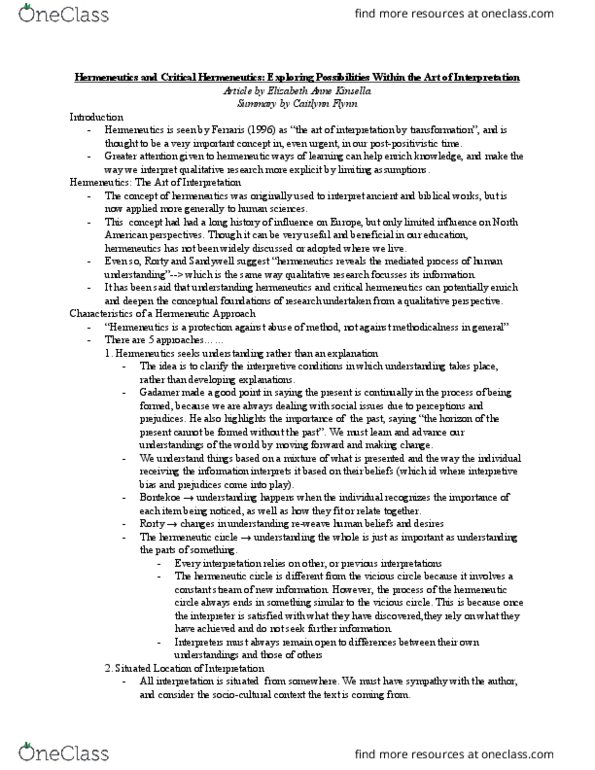 SOAN 3070 Chapter Notes - Chapter 1: Hermeneutic Circle, Richard Rorty, Hermeneutics thumbnail