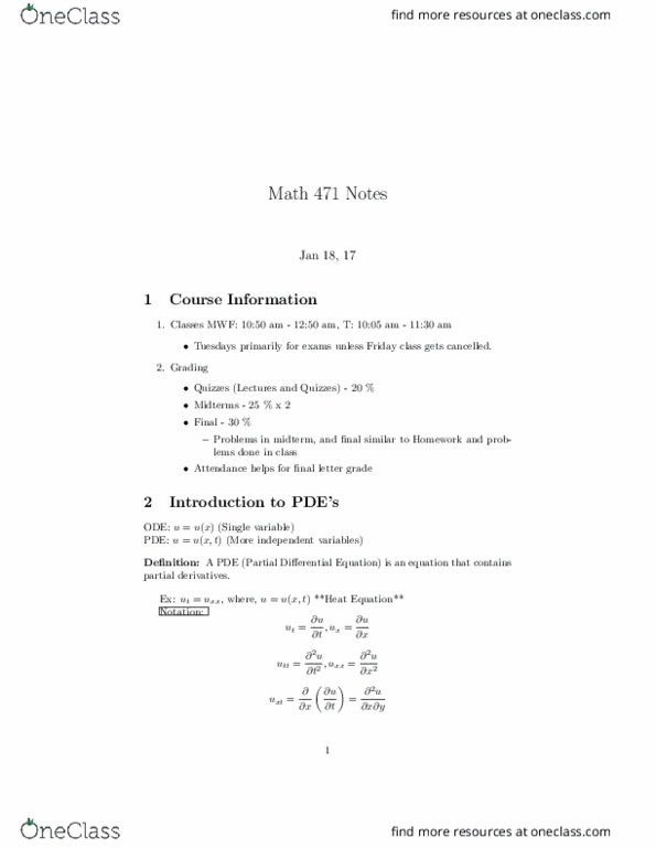 MATH 471 Lecture Notes - Lecture 1: Wave Equation, Linear Equation, Polar Coordinate System thumbnail