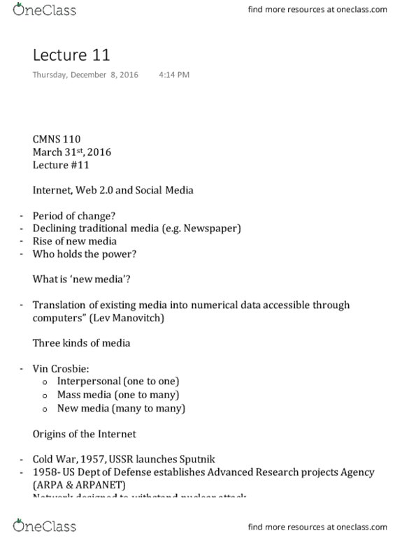 CMNS 110 Lecture Notes - Lecture 11: Mass Media, Open Publishing, Icann thumbnail