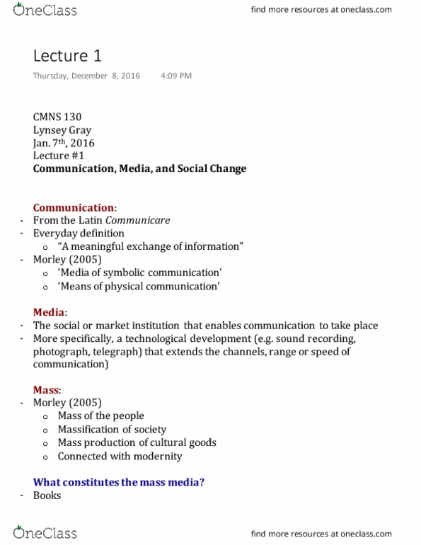 CMNS 130 Lecture Notes - Lecture 1: Mass Production, Sound Recording And Reproduction thumbnail