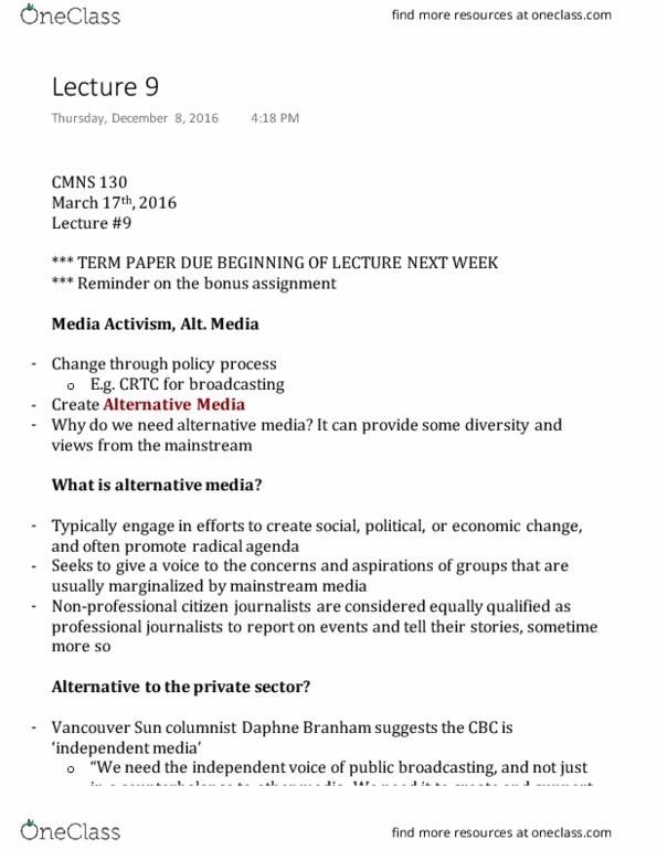 CMNS 130 Lecture Notes - Lecture 9: Ethnic Media, Alternative Media, The Vancouver Sun thumbnail