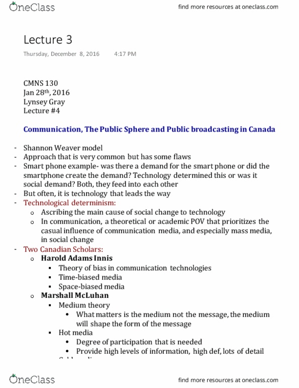 CMNS 130 Lecture Notes - Lecture 3: Federal Radio Commission, Political Philosophy, Individualism thumbnail