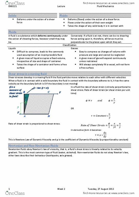 ENB205 Lecture Notes - Lecture 2: Toothpaste, Newtonian Fluid, Free Surface thumbnail