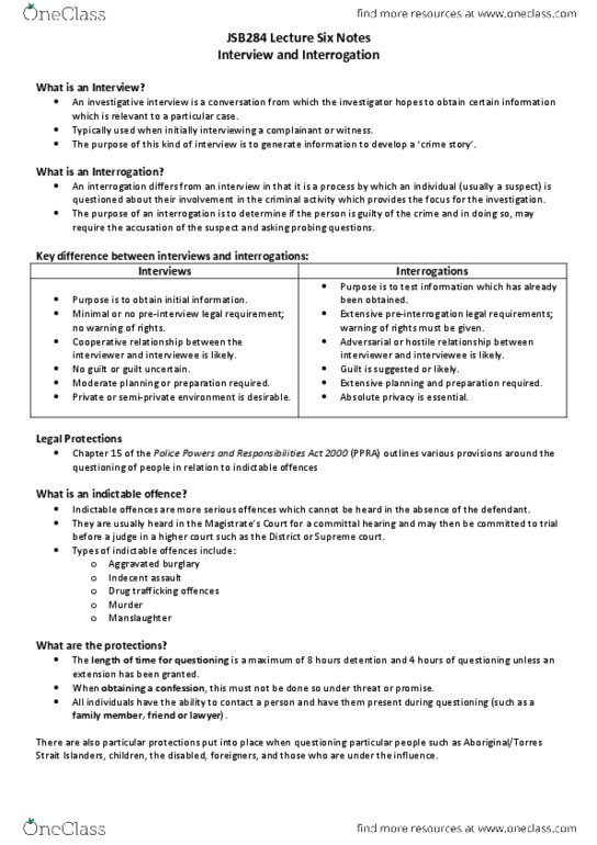 JSB284 Lecture Notes - Lecture 6: Cognitive Interview, False Confession, Investigative Journalism thumbnail