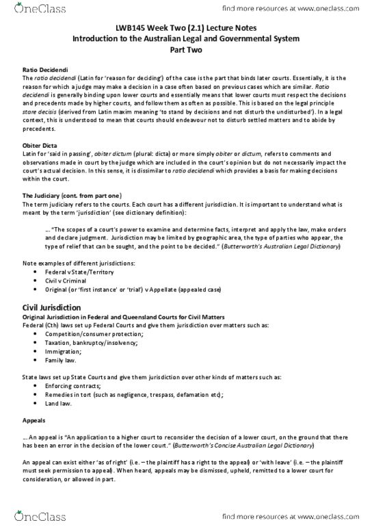 JSB171 Lecture Notes - Lecture 2: Westminster System, Judiciary Act 1903, Judiciary Of Australia thumbnail