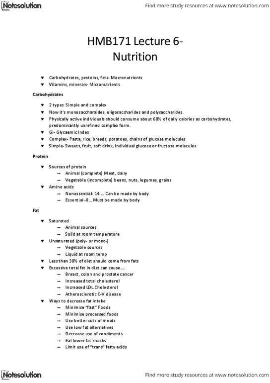 XNB171 Lecture Notes - Lecture 6: Low-Density Lipoprotein, Saturated Fat, Prostate Cancer thumbnail