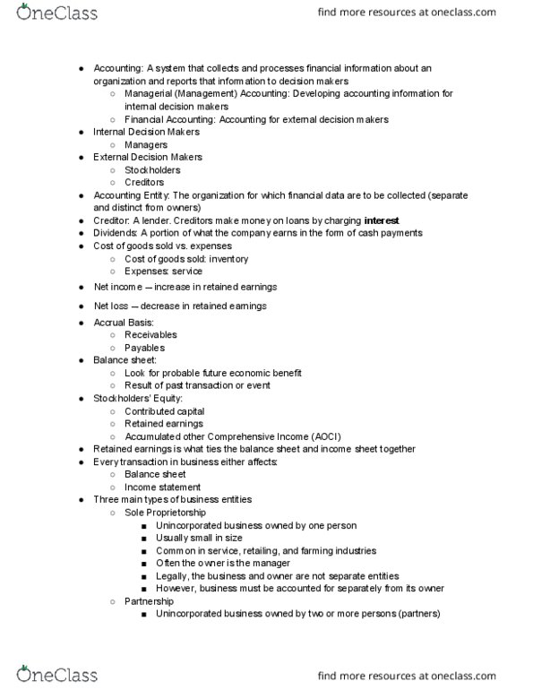 ACC 311 Lecture Notes - Lecture 1: Retained Earnings, Sole Proprietorship, Limited Liability thumbnail