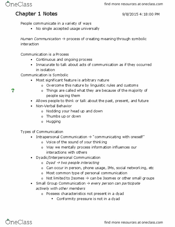 COM CO 101 Lecture Notes - Lecture 6: Intrapersonal Communication, Mass Communication, Interpersonal Communication thumbnail