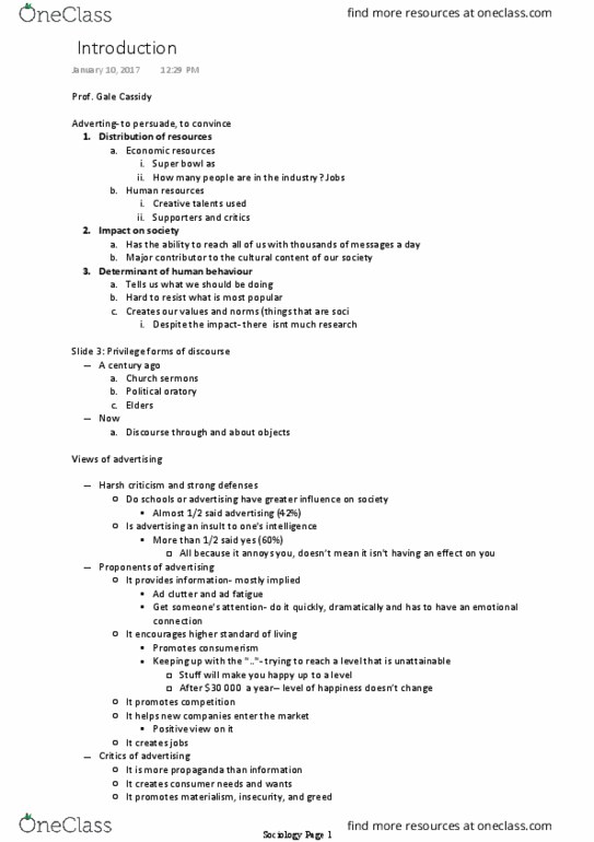 Sociology 2172A/B Lecture Notes - Lecture 1: Human Resources, Determinant, Rationality thumbnail