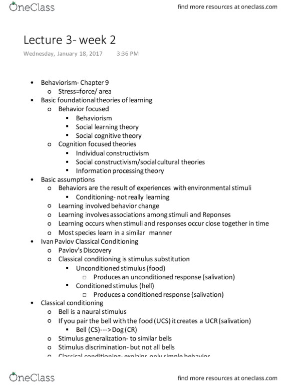 EDUC 40 Lecture Notes - Lecture 3: Information Processing Theory, Classical Conditioning, Behaviorism thumbnail