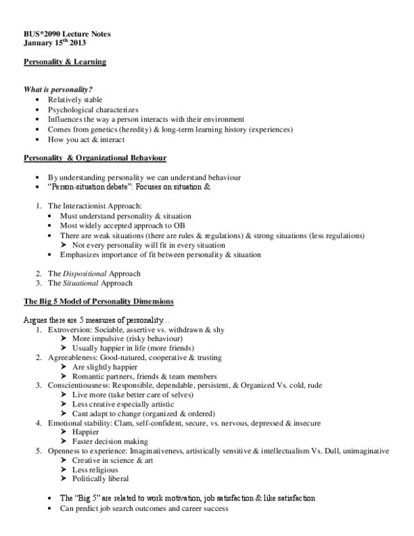 BUS 2090 Lecture Notes - Machiavellianism, Extraversion And Introversion, Job Satisfaction thumbnail