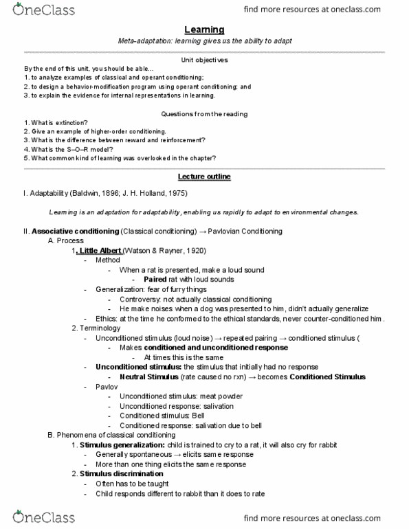 PSYCH 112 Lecture Notes - Lecture 11: Classical Conditioning, Little Albert Experiment, Reinforcement thumbnail