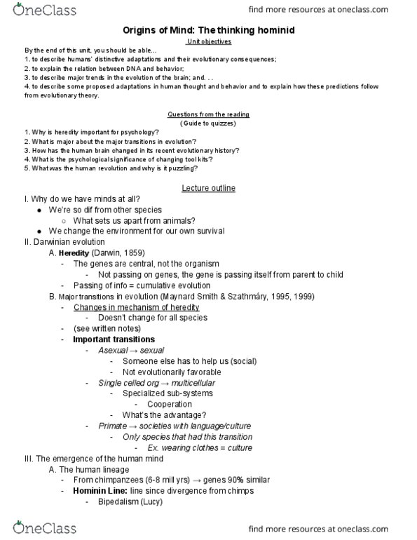 PSYCH 112 Lecture Notes - Lecture 1: Behavioural Genetics, Brain Size, Evolutionary Pressure thumbnail