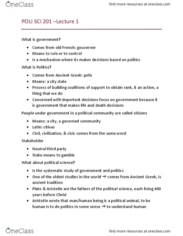 POLI 201 Lecture Notes - Lecture 1: Political Philosophy, Comparative Politics, Class Conflict thumbnail