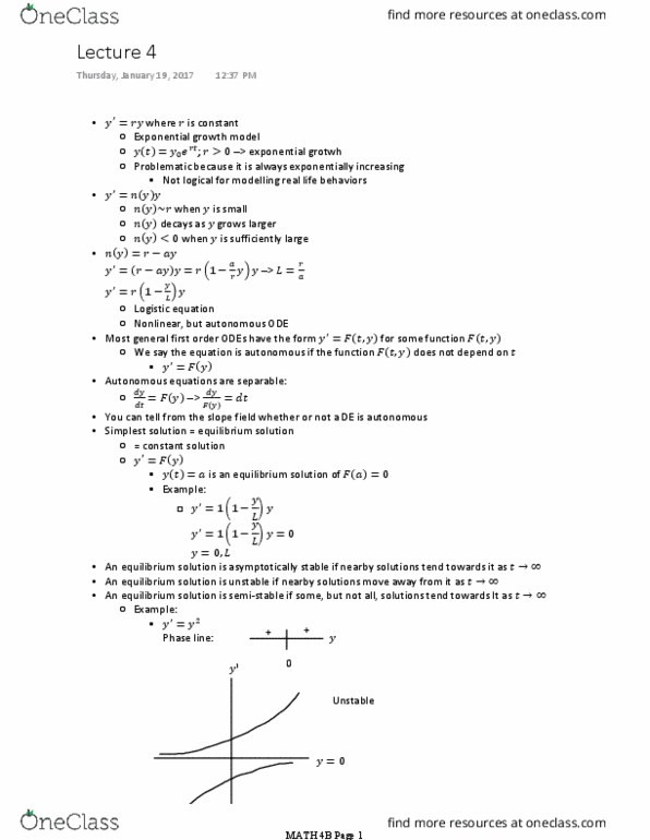 MATH 4B Lecture Notes - Lecture 4: Slope Field, Exponential Growth, Asymptote thumbnail
