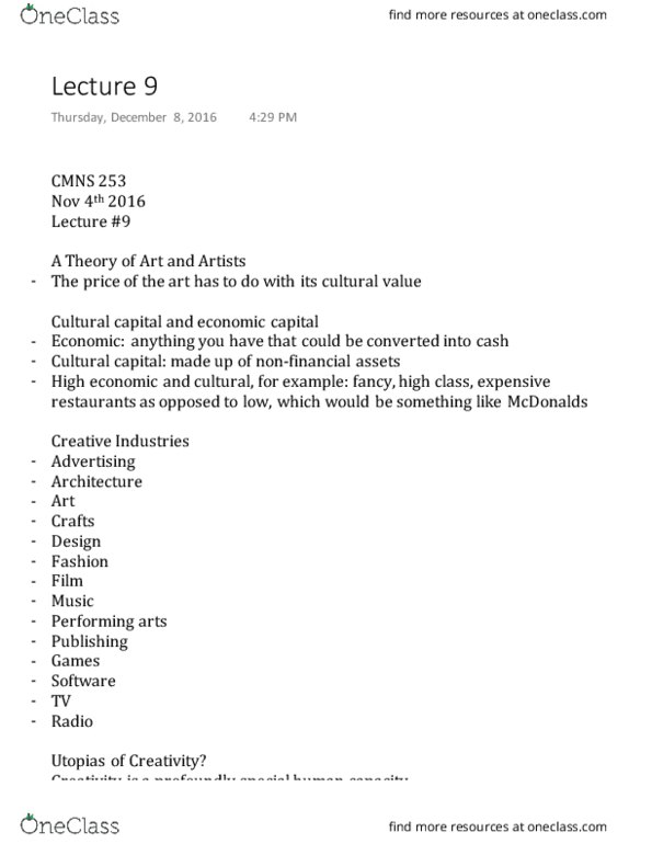 CMNS 253W Lecture Notes - Lecture 9: Cultural Capital, Status Quo, Pro Bono thumbnail