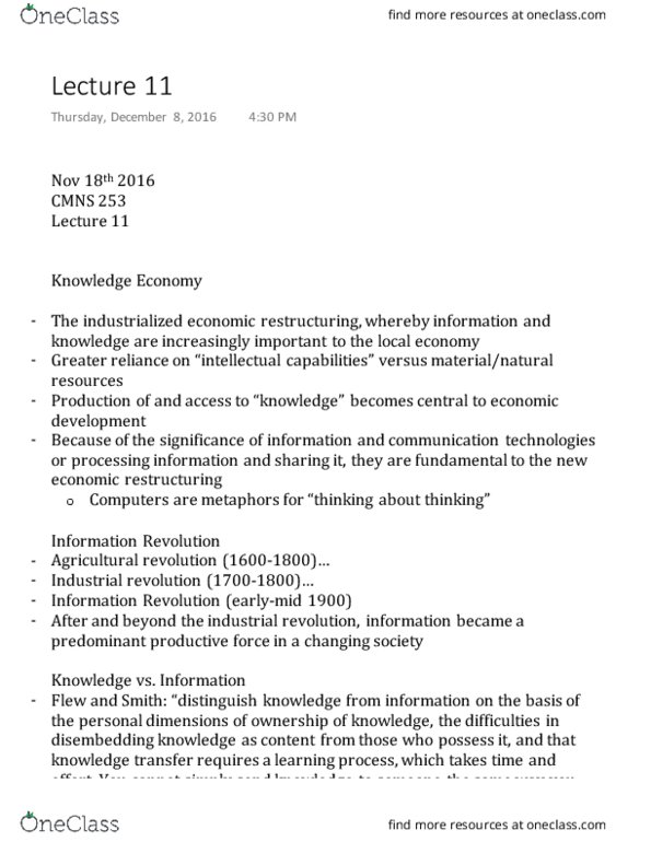 CMNS 253W Lecture Notes - Lecture 11: Information Revolution, Industrial Revolution, Technological Change thumbnail