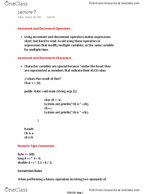 COP 3502 Lecture Notes - Lecture 7: Operand, Increment And Decrement Operators, Binary Operation thumbnail
