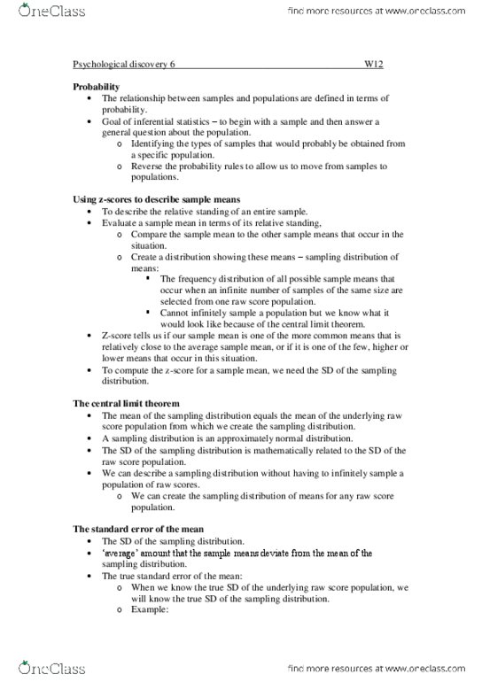 PSY1022 Chapter Notes -Central Limit Theorem, Sampling Distribution, Statistical Inference thumbnail