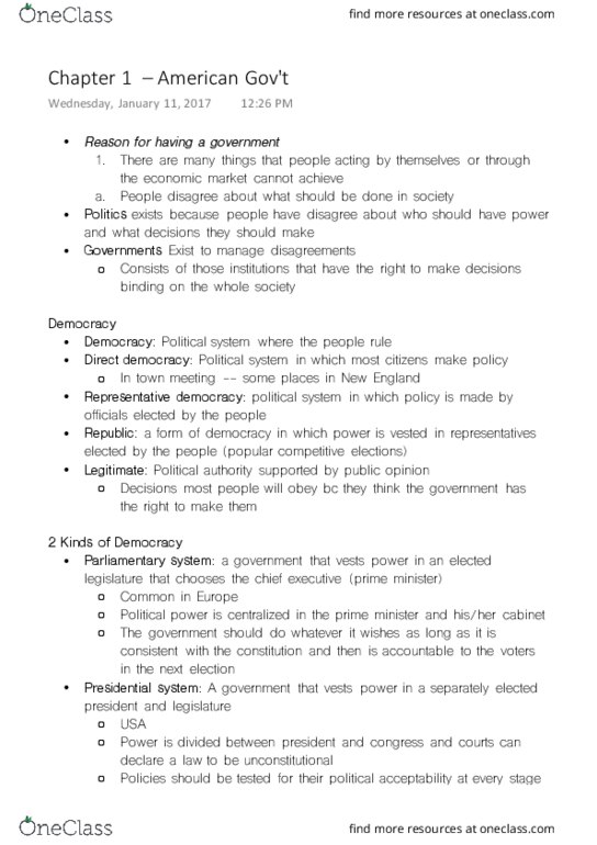POLS 1150 Chapter Notes - Chapter 1: Town Meeting, Representative Democracy, Parliamentary System thumbnail