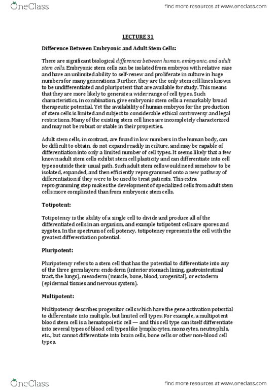 DEV2011 Lecture Notes - Adult Stem Cell, Embryonic Stem Cell, Action Potential thumbnail