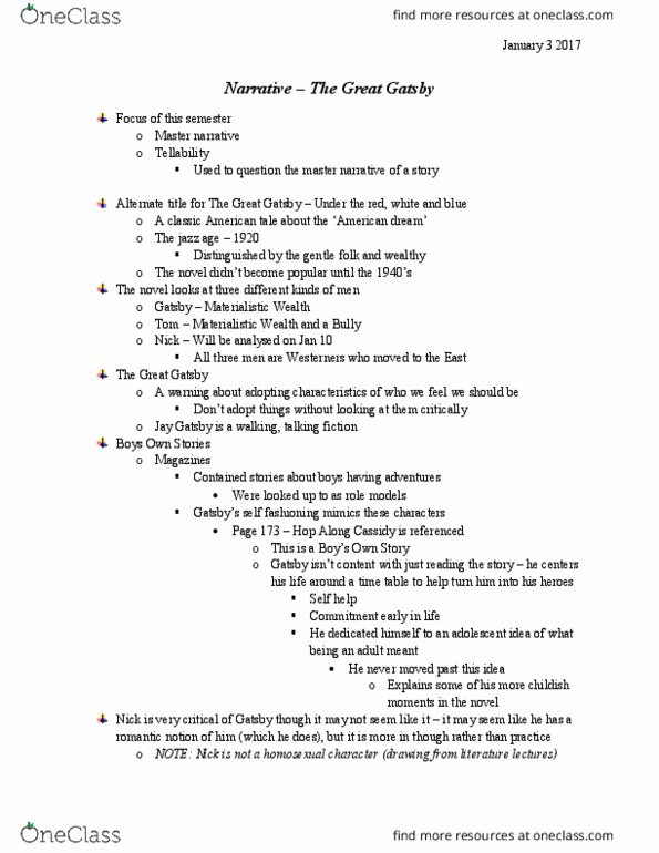 ENG110Y5 Lecture Notes - Lecture 1: Jay Gatsby, Hop Along thumbnail